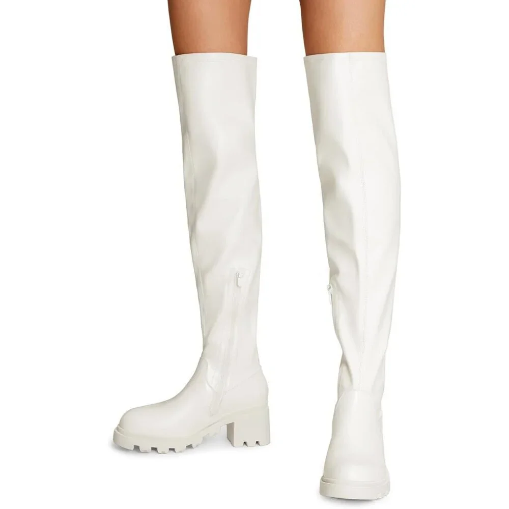 Women's White-pu Faux Leather Knee High Over The Knee High Chunky Heel Boots